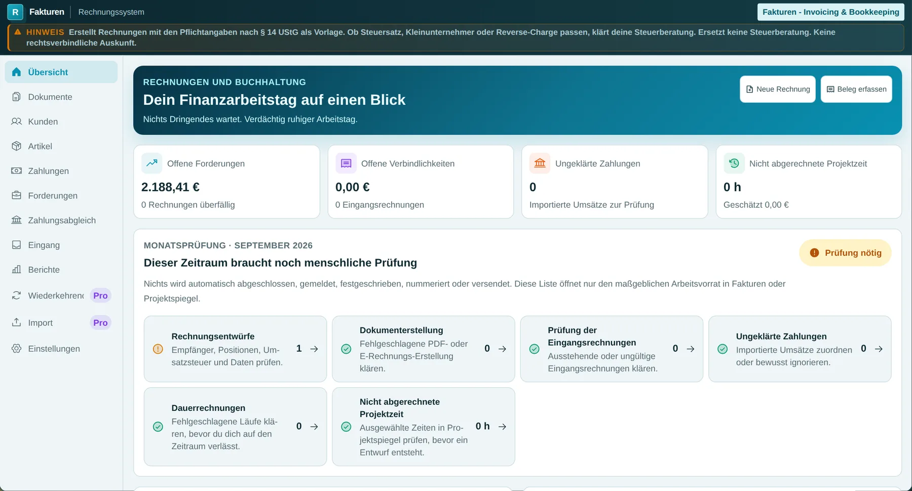 Fakturen: der echte Arbeitsbereich mit synthetischen Daten