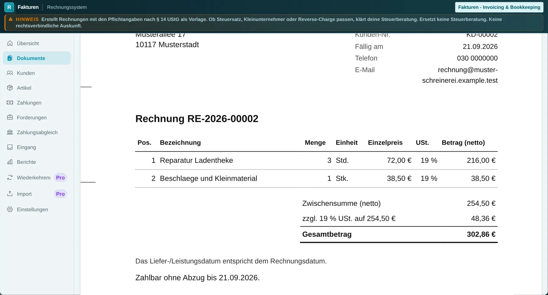 Fakturen: Rechnung vorbereiten. Deine Arbeit. Sauber aufgeschrieben.