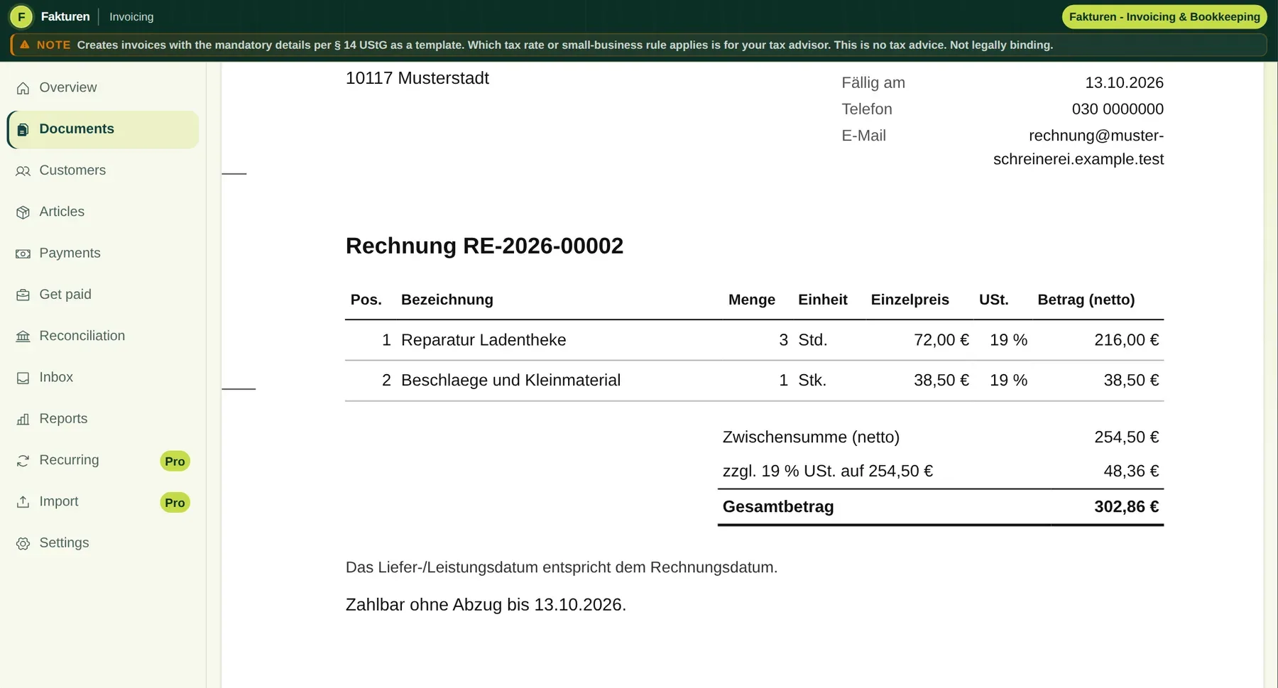 Fakturen : Prepare an invoice (extrait de la vraie application, données synthétiques)