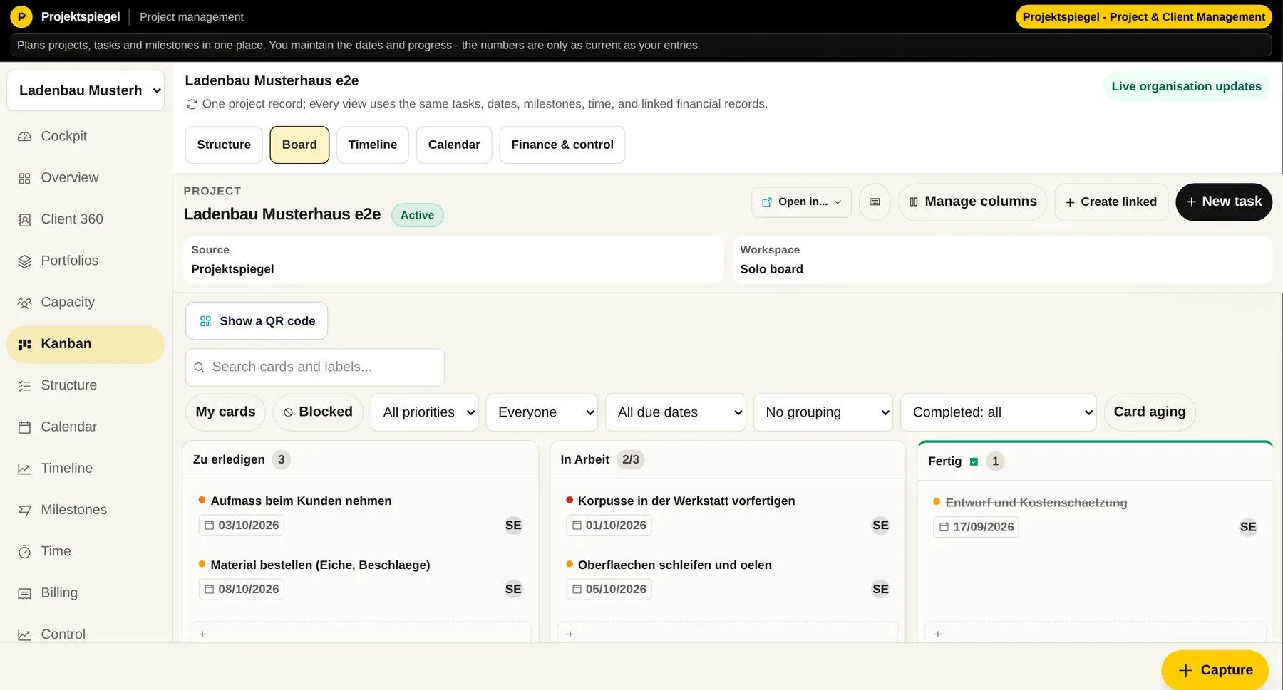 Projektspiegel: vrai espace de travail avec des données synthétiques